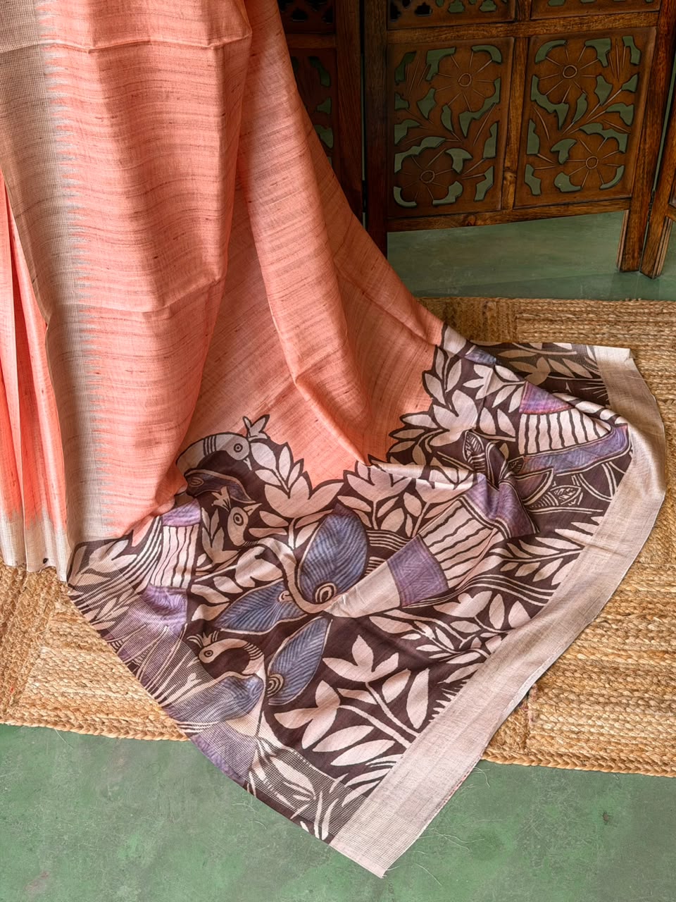 Orange Peach Tusser Silk saree- PBR31T4G