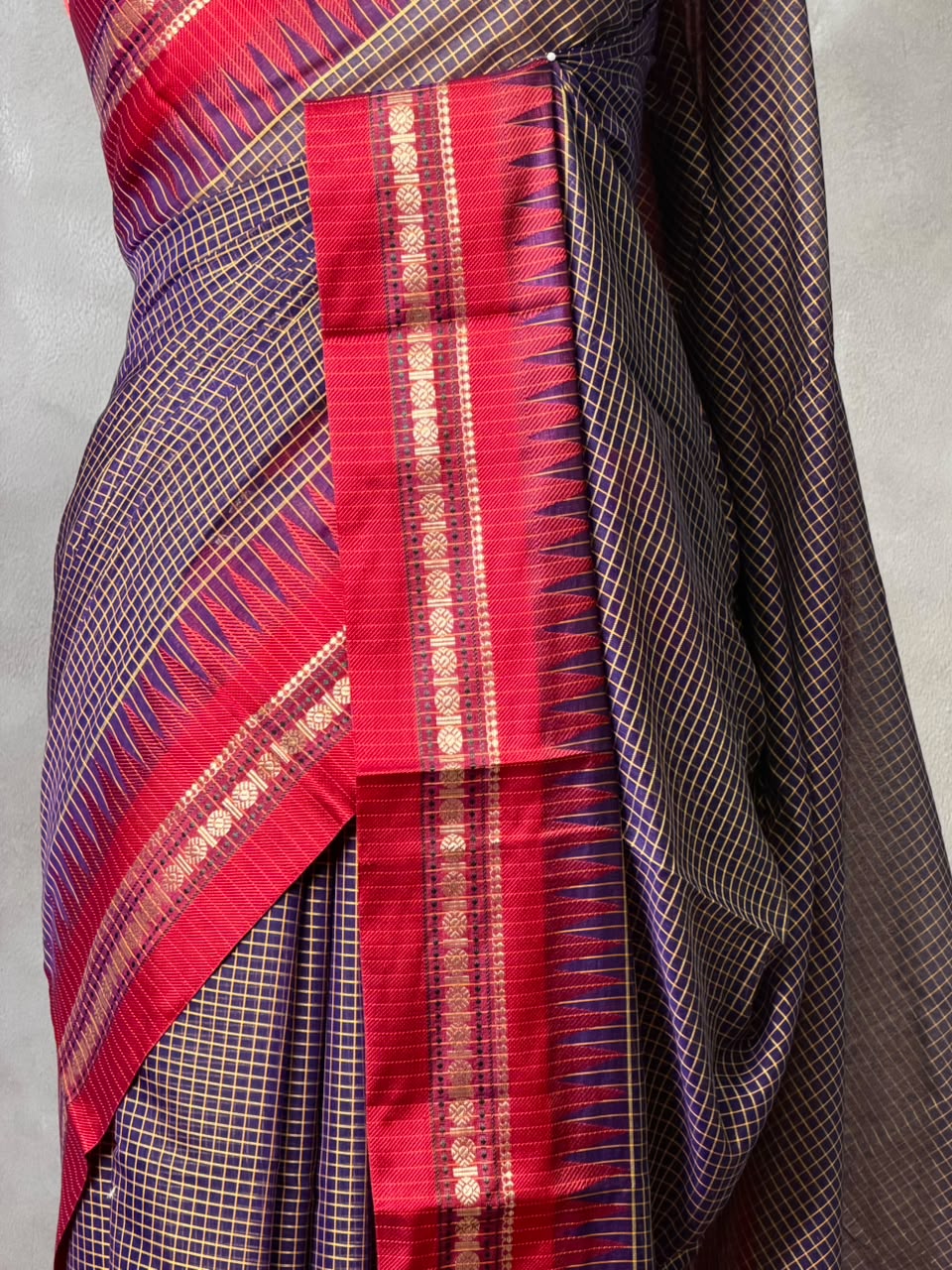 Navy Blue and Red chanderi cotton silk saree -PFAZ18C
