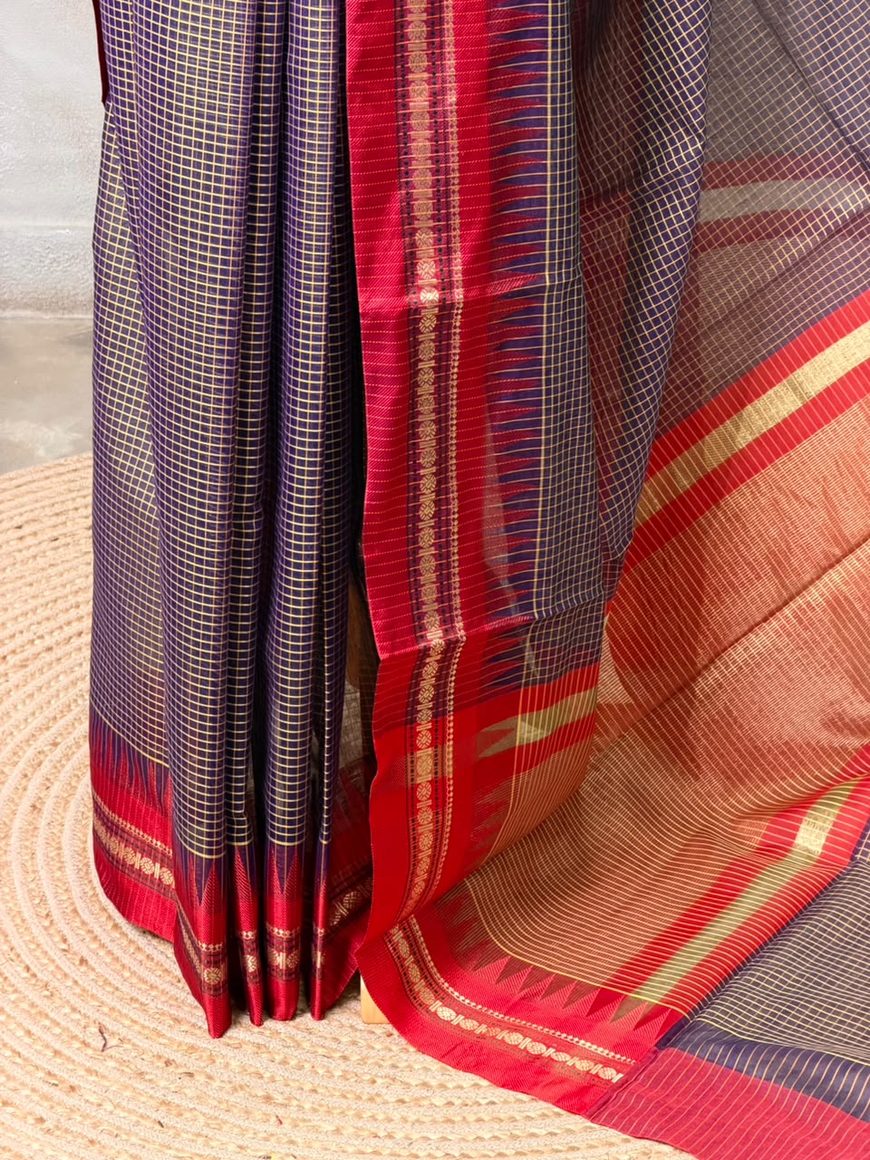 Navy Blue and Red chanderi cotton silk saree -PFAZ18C