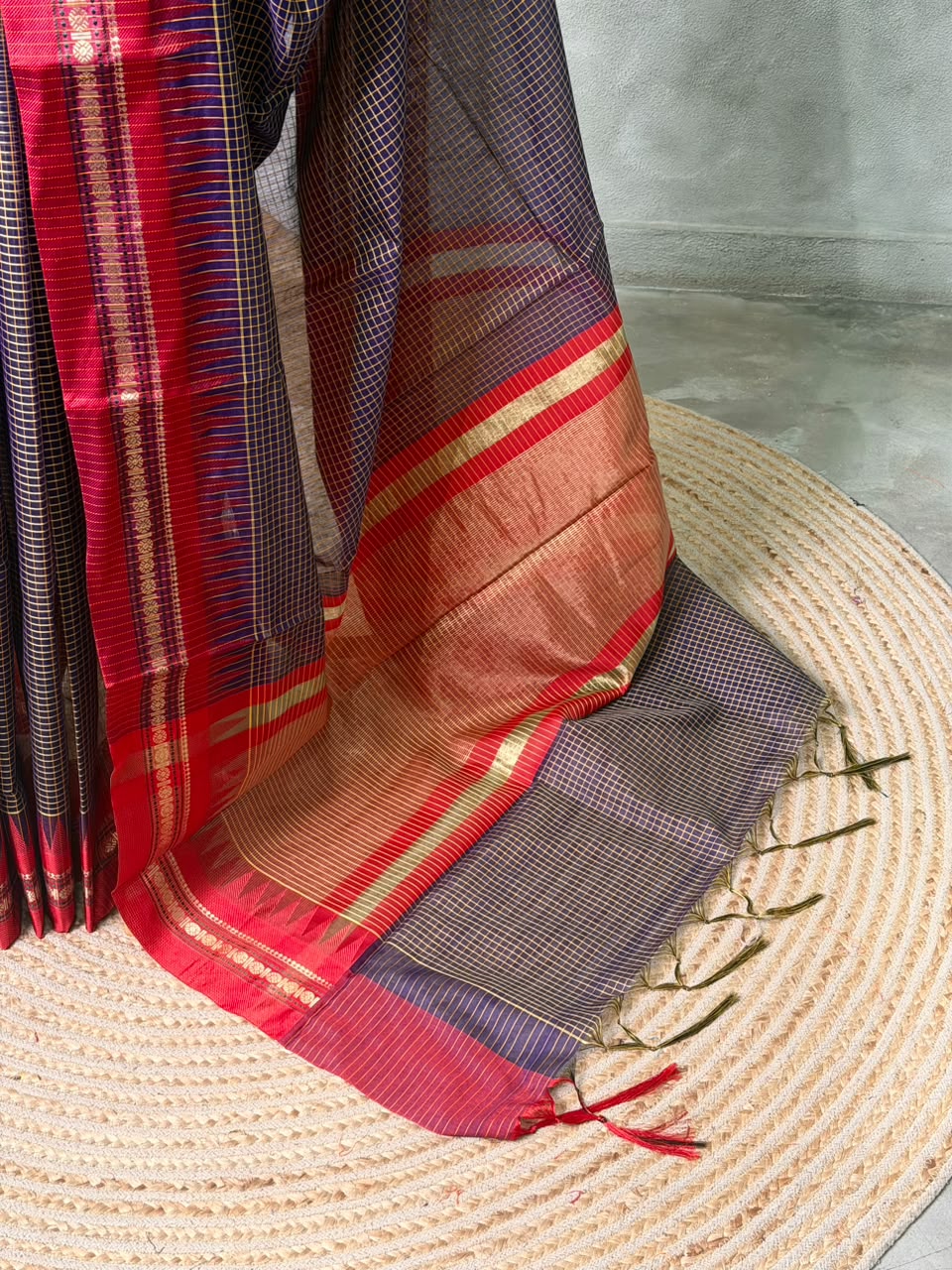 Navy Blue and Red chanderi cotton silk saree -PFAZ18C