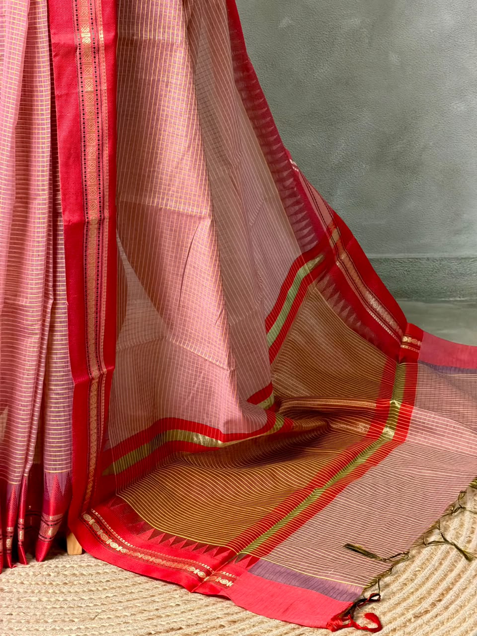 Pink and red chanderi cotton silk saree -PFAZ18