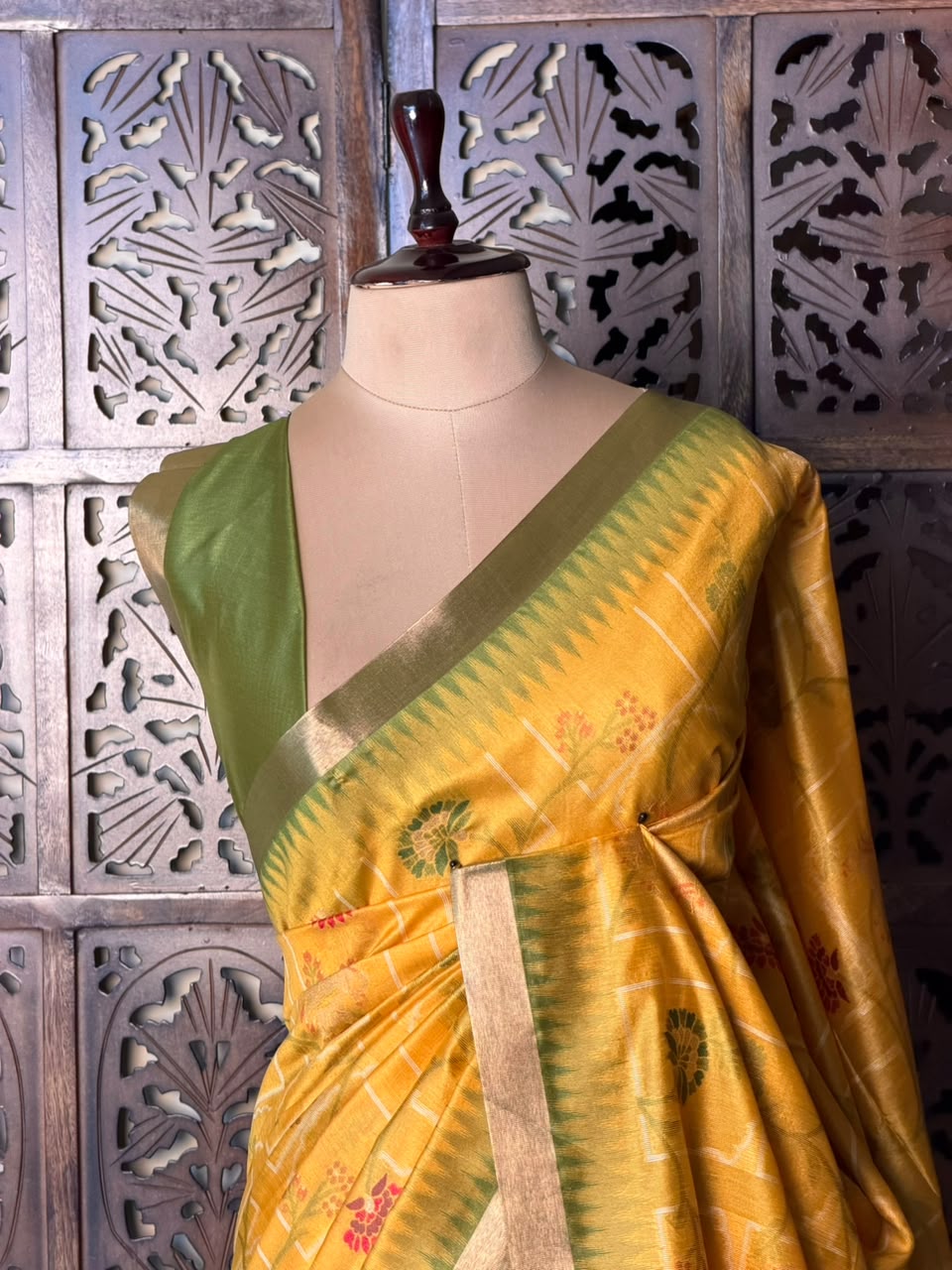 Yellow and Green Chanderi saree - PBR66B