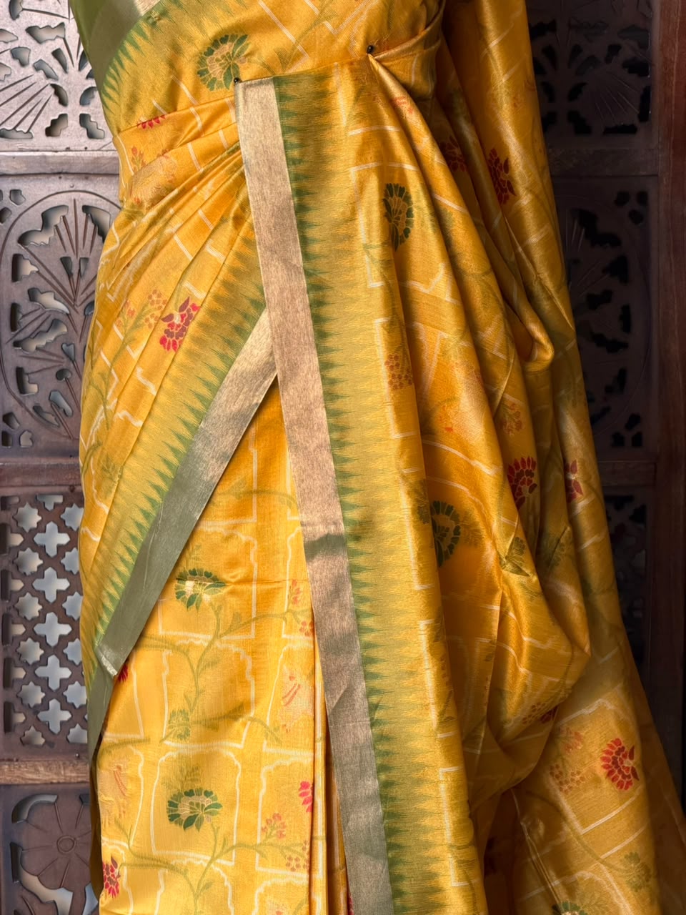 Yellow and Green Chanderi saree - PBR66B