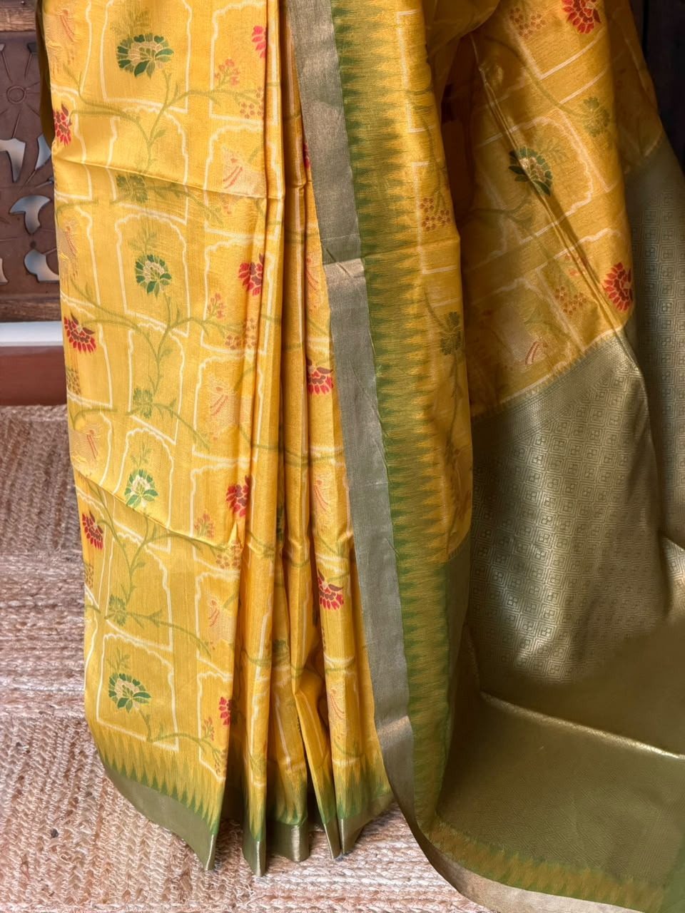 Yellow and Green Chanderi saree - PBR66B