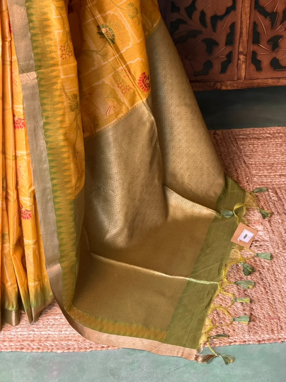 Yellow and Green Chanderi saree - PBR66B