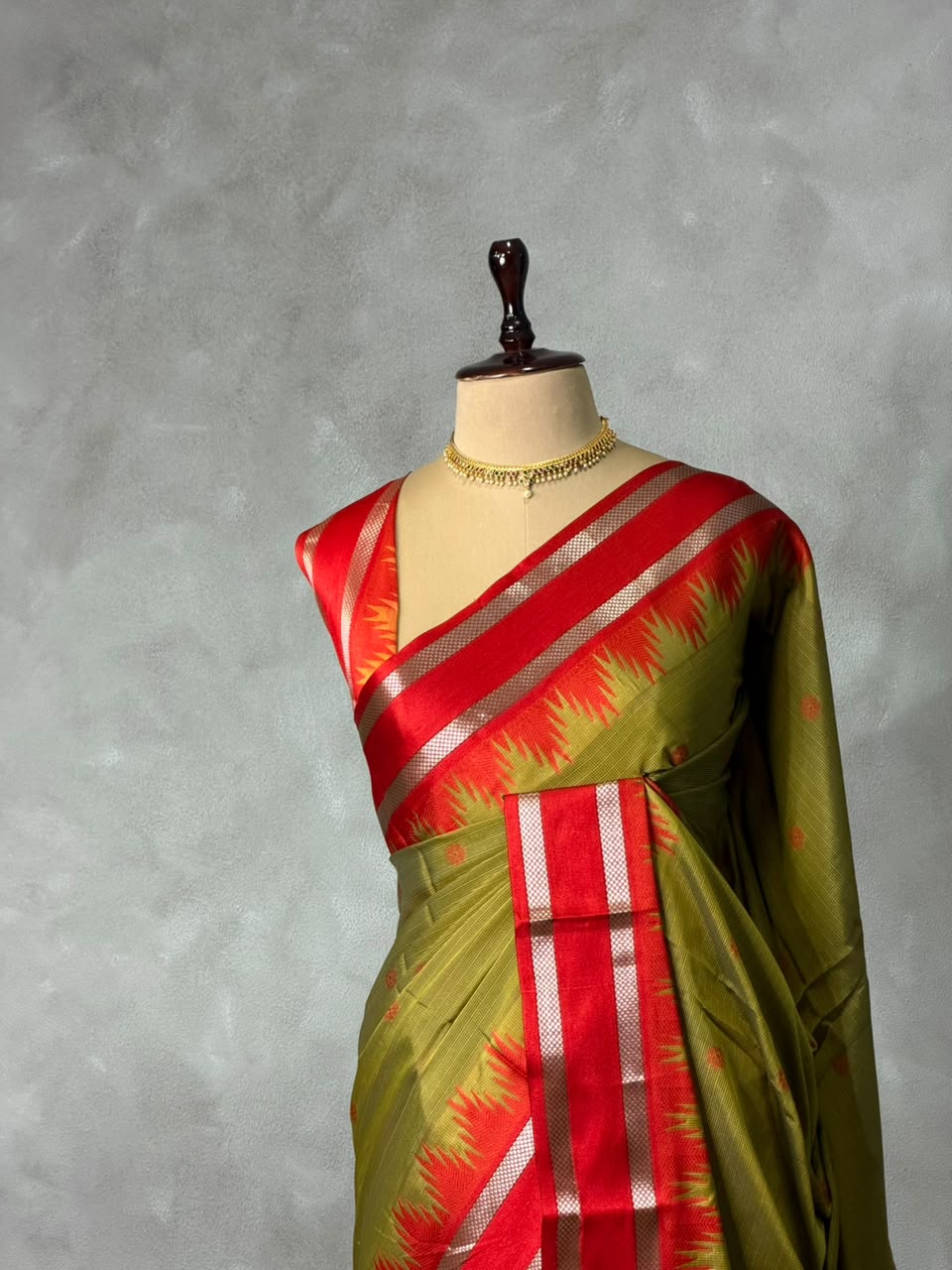 Olive Green and Red Semi banarasi silksaree -PFAZ12D