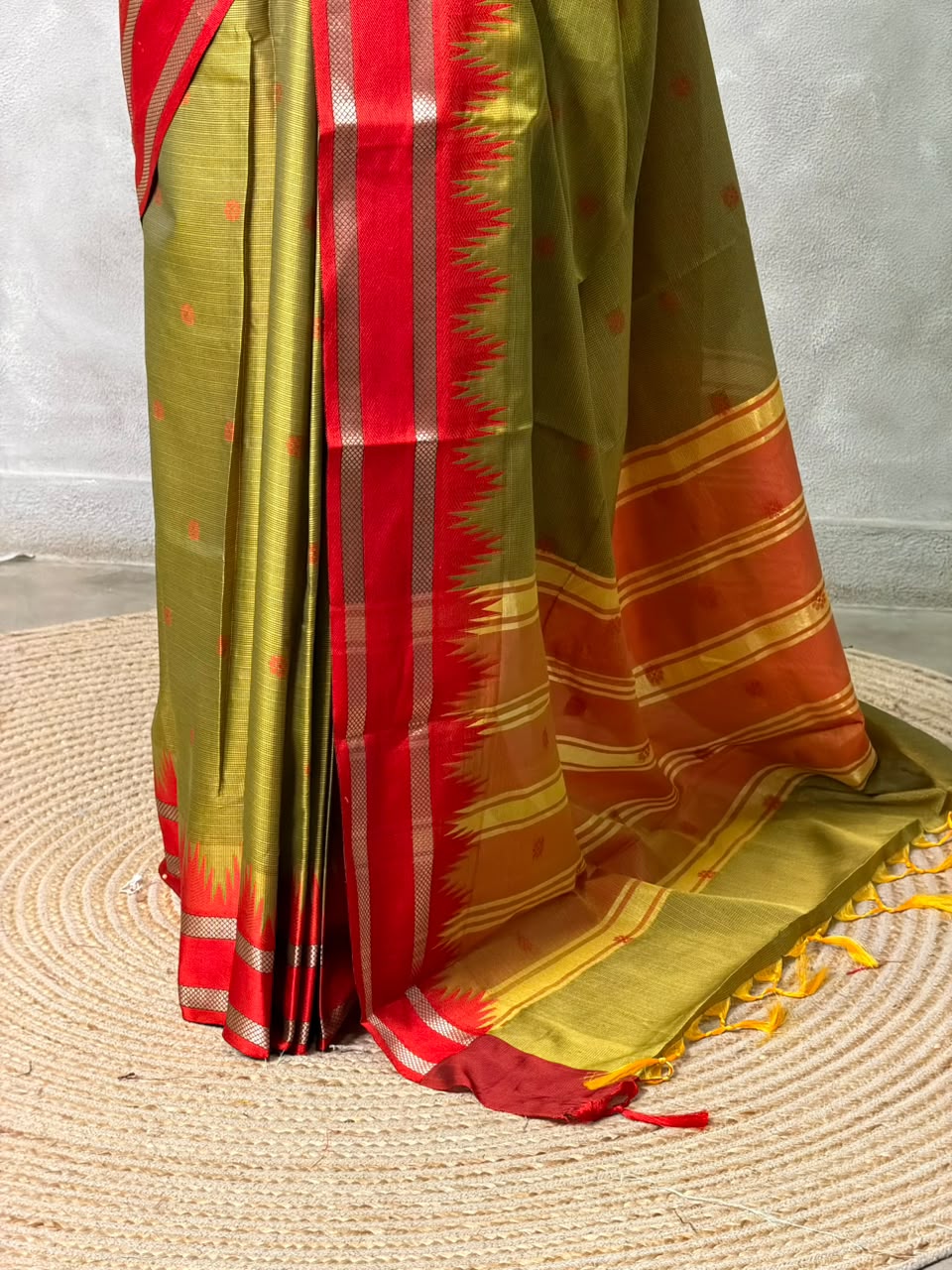 Olive Green and Red Semi banarasi silksaree -PFAZ12D