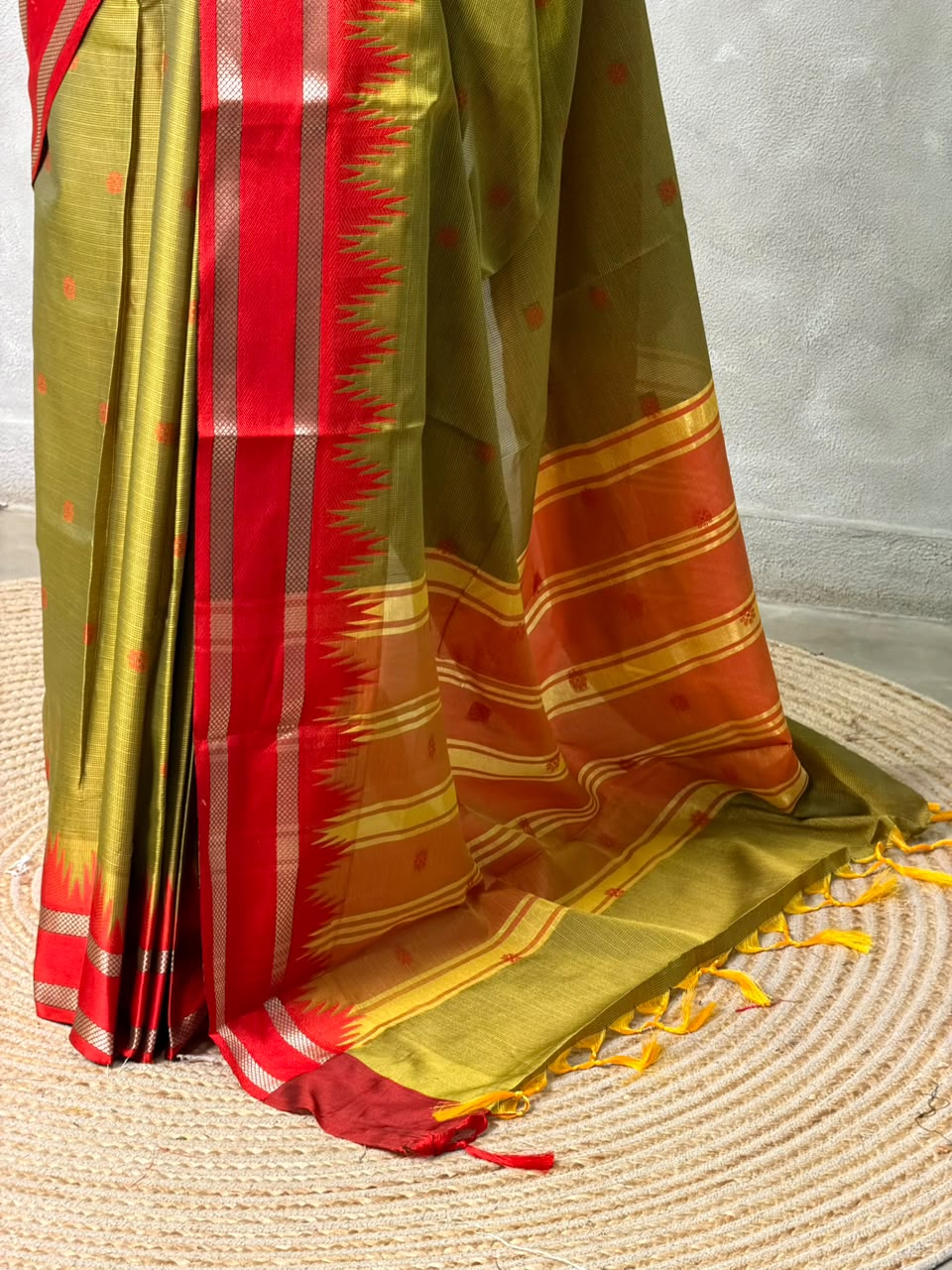 Olive Green and Red Semi banarasi silksaree -PFAZ12D