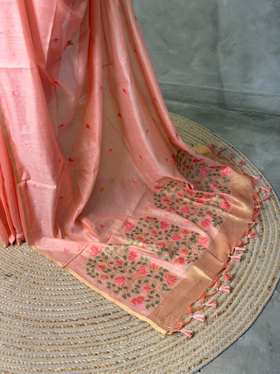 Peach Chanderi silk cotton Jamdani woven saree- PBRJ26