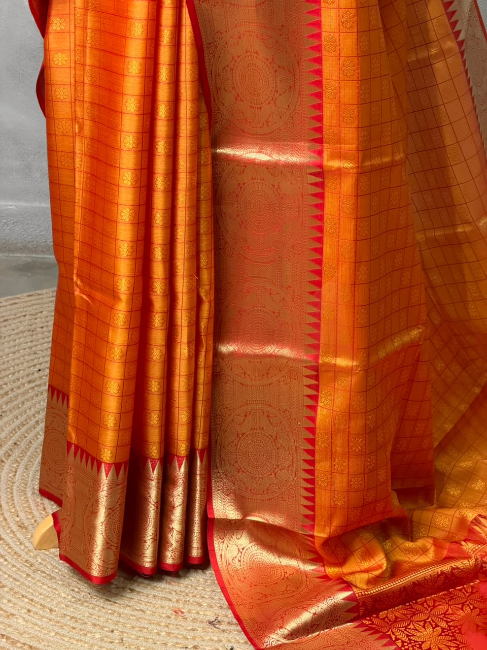 Mustard Yellow and Red silk saree -PFAZ19