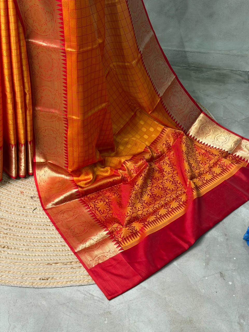 Mustard Yellow and Red silk saree -PFAZ19