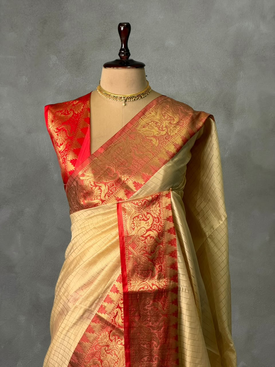 Sandal and Red banarasi silk saree -AISH20B