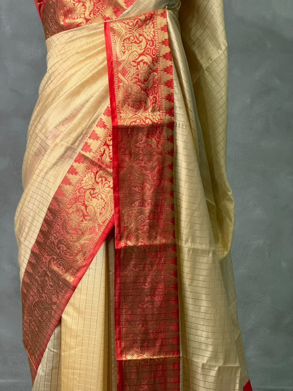 Sandal and Red banarasi silk saree -AISH20B