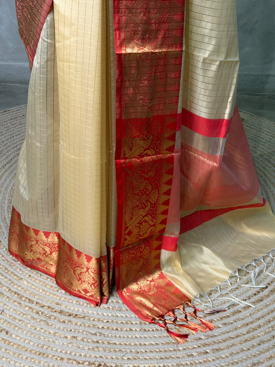 Sandal and Red banarasi silk saree -AISH20B