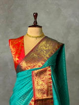 Aqua blue and Red banarasi silk saree -AISH20