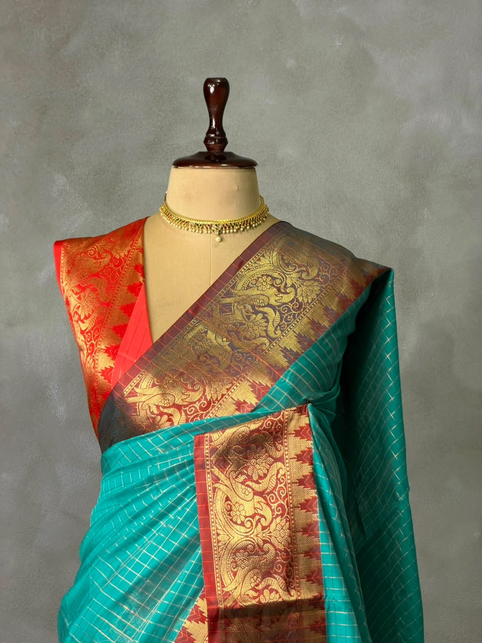 Aqua blue and Red banarasi silk saree -AISH20