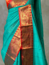 Aqua blue and Red banarasi silk saree -AISH20