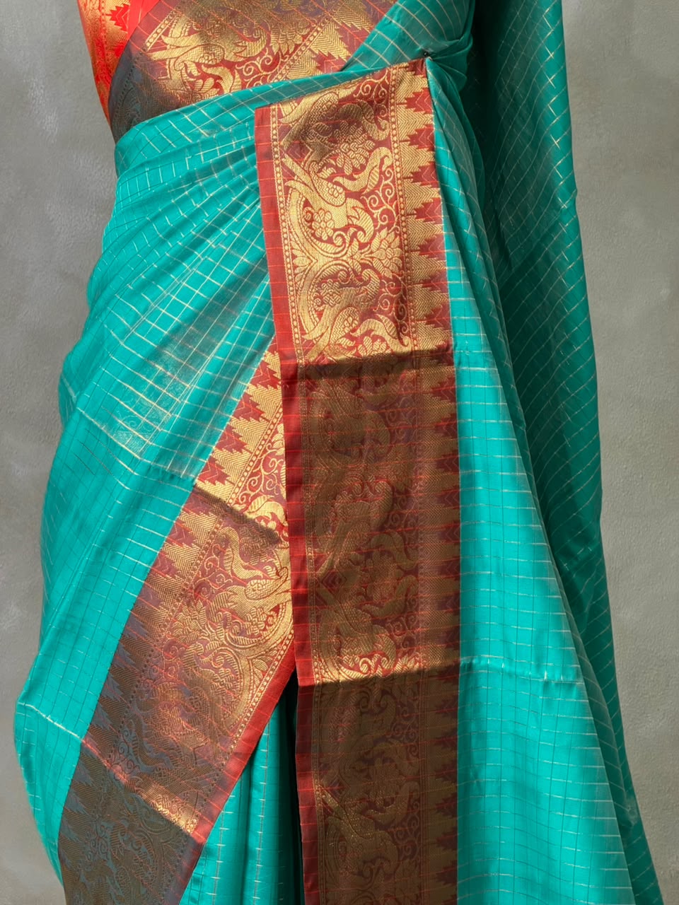 Aqua blue and Red banarasi silk saree -AISH20