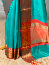 Aqua blue and Red banarasi silk saree -AISH20