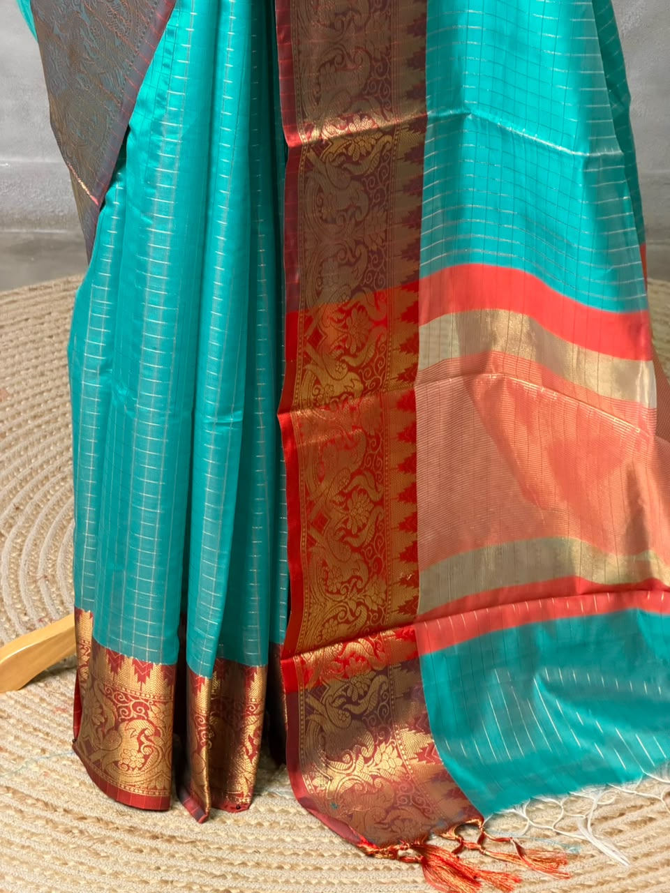 Aqua blue and Red banarasi silk saree -AISH20