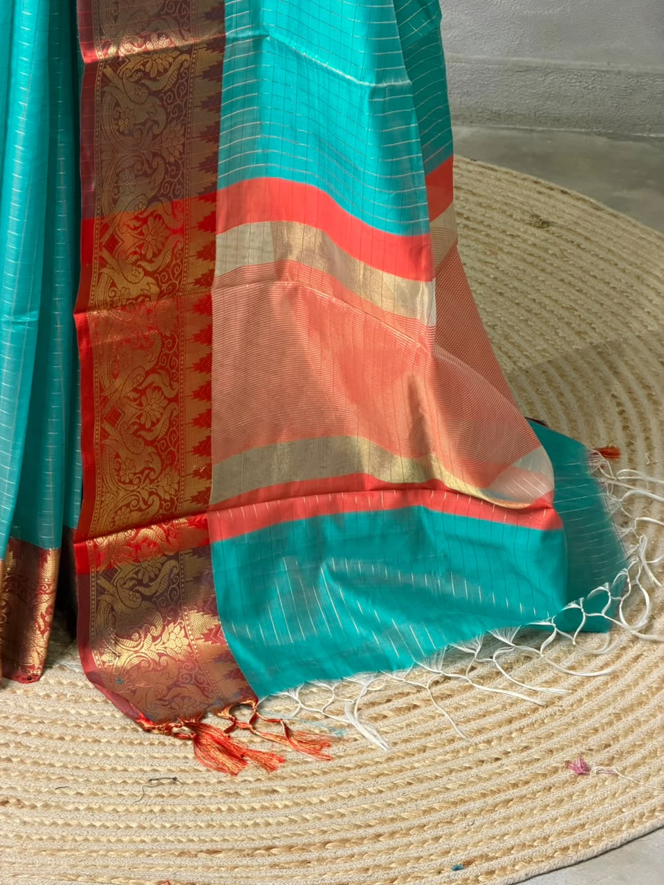 Aqua blue and Red banarasi silk saree -AISH20