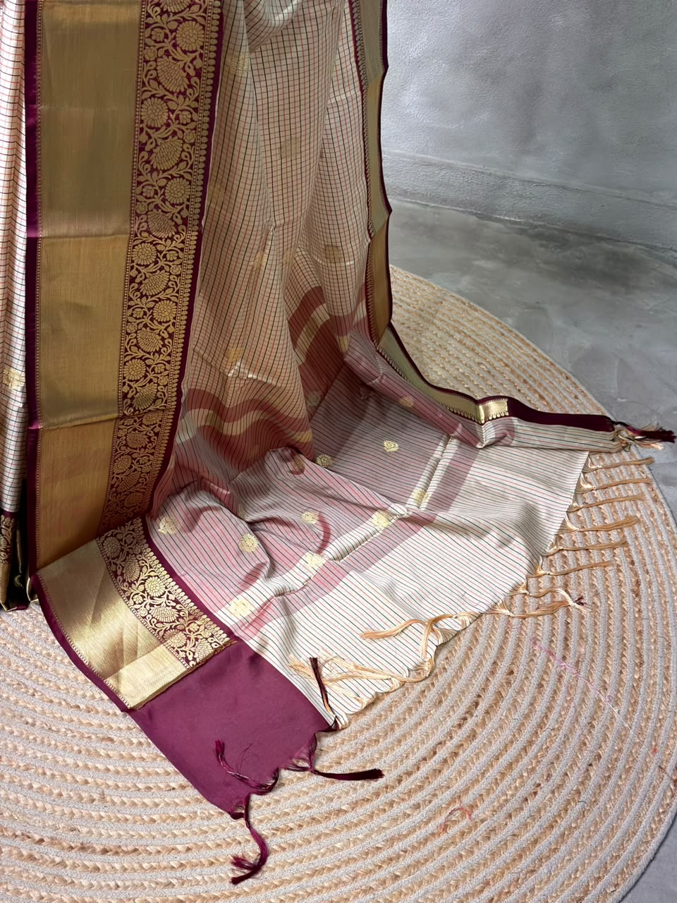 Sandal and maroon banarasi silk saree -PFAZ21