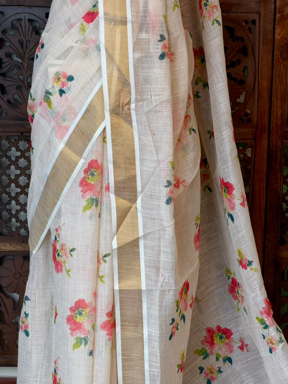 Off white soft semi linen saree -PONAM26N2