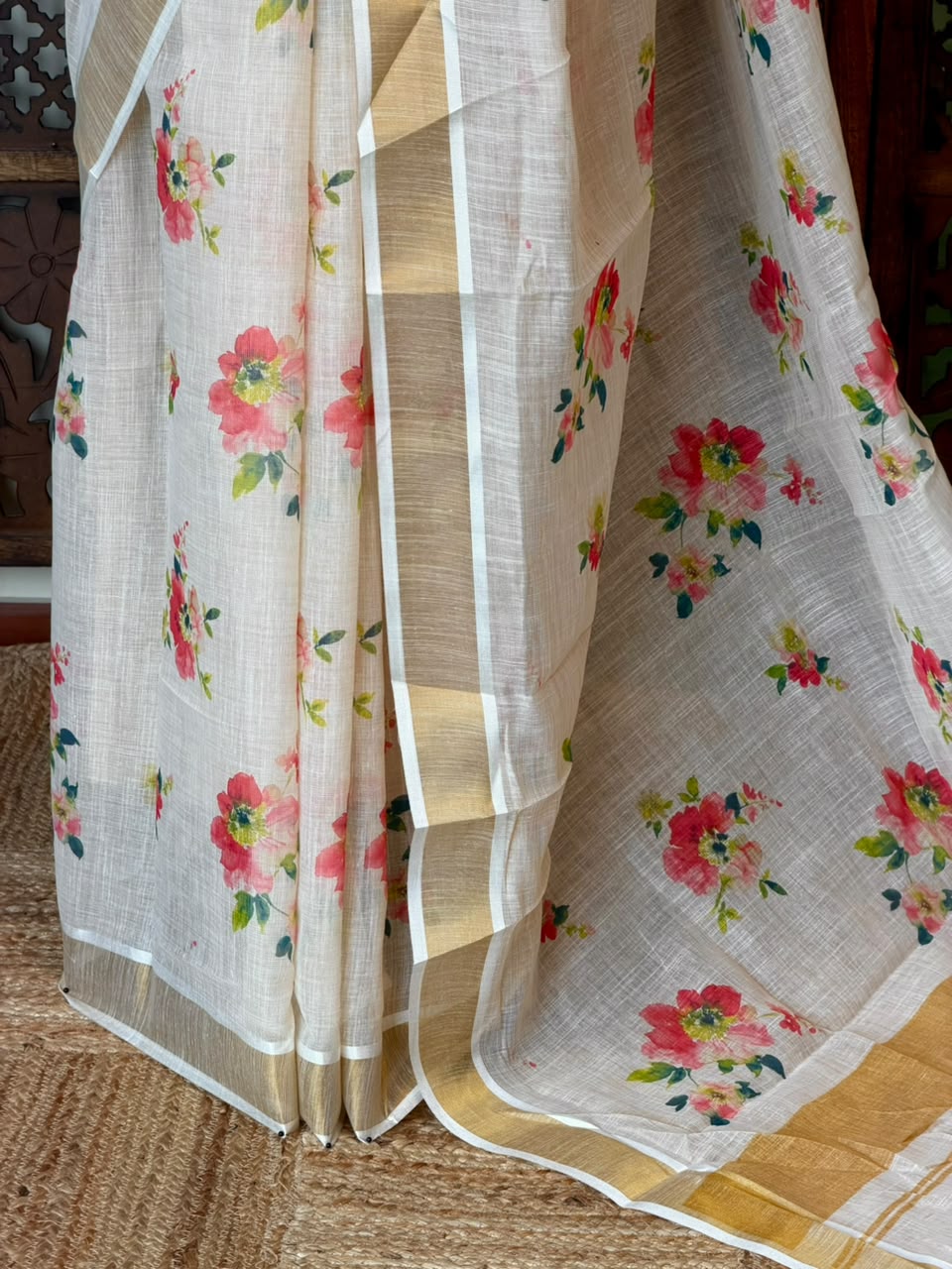 Off white soft semi linen saree -PONAM26N2