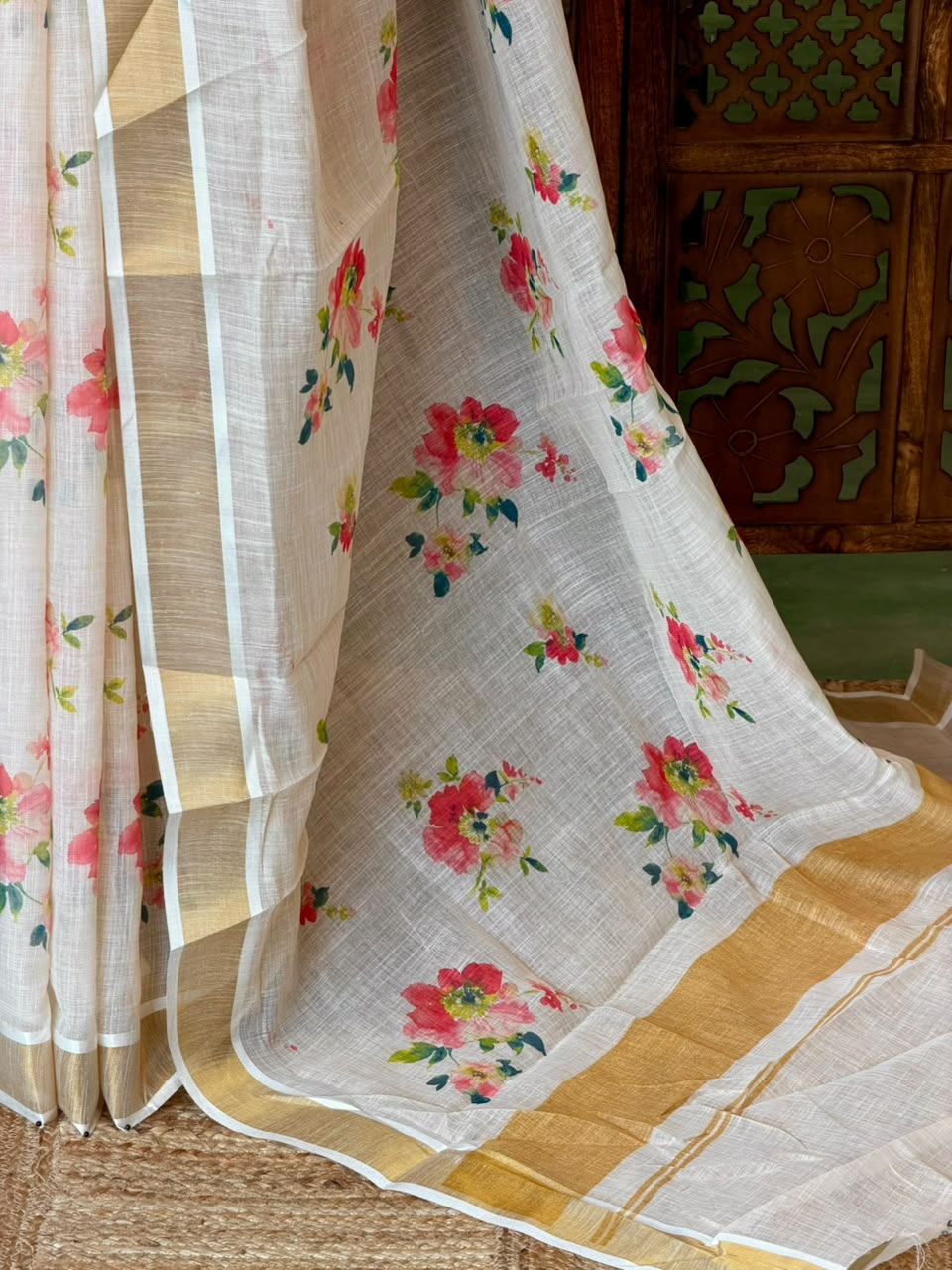 Off white soft semi linen saree -PONAM26N2