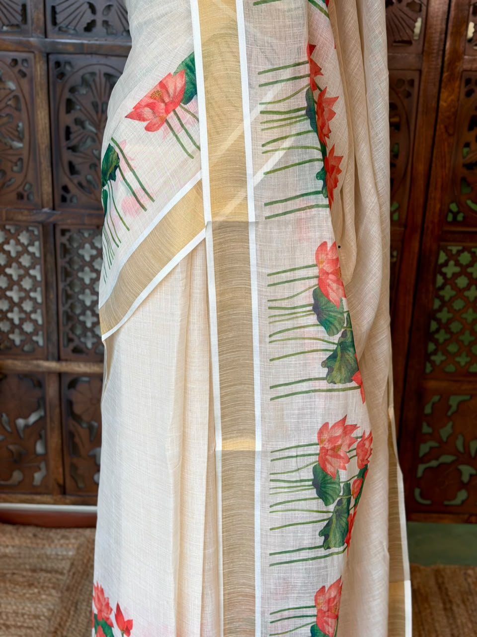 Off white soft semi linen saree -PONAM26N4