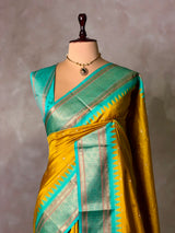 Golden yellow and Aqua blue Silk saree - PBRZU1