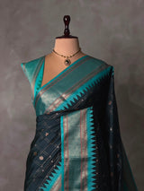 Bottle Green and Aqua blue Silk saree - PBRZU1A
