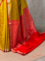 Olive Green and Red Silk saree - PBRZU2B