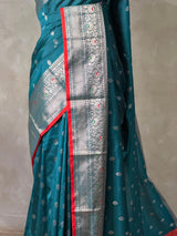 Peacock blue and Red Silk saree - PBRZU5D