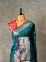 Peacock blue and Red Silk saree - PBRZU5D