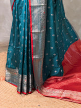 Peacock blue and Red Silk saree - PBRZU5D