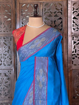 Blue and Rani Handloom silk cotton saree - PBRMH1E