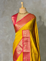 Yellow and Rani pink semi banarasi silk saree- AISHN1