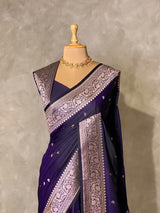 Navy Blue pure satin Banarasi silk saree - PRAZ8D