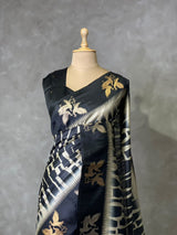 Off white and black tusser silk saree - PBRSS1E