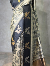 Off white and black tusser silk saree - PBRSS1C