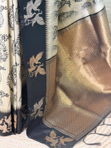 Off white and black tusser silk saree - PBRSS1C