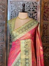 Dark Peach Tissue pochampalli silk Saree - PBRKIV3D