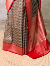 Dark Grey and Red khadial tissue Banarasi silk saree - RAZ5NF