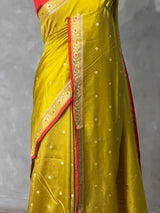 Olive green and Red Silk saree - PBRZU14B