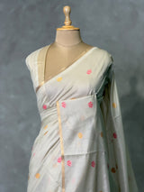 Nude White Chanderi silk cotton Jamdani woven saree- PBRJ38B