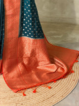 Teal Blue and Orange Dola silk saree- PBRSB2L