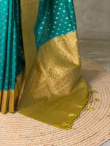 Aqua blue and lime yellow Dola silk saree- PBRSB2G