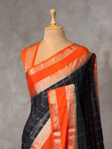 Black and Orange Crepe silk saree- PBRSB3C
