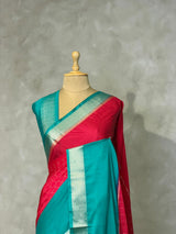 Rani Pink and Blue Crepe silk saree- PBRSB4B